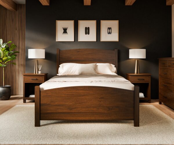 Addie solid wood bedroom furniture collection with panel bed, nightstands, and dresser.