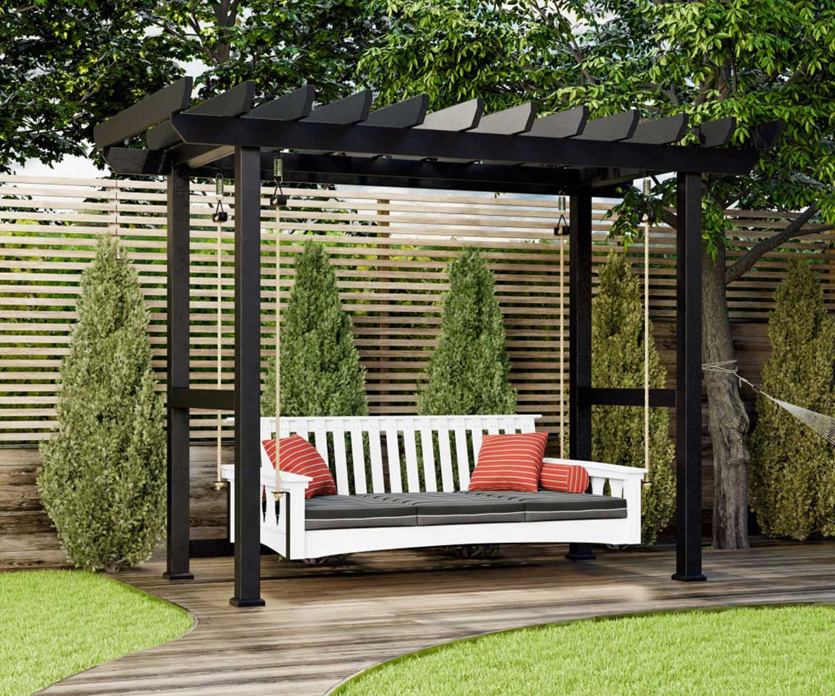 Outdoor poly porch swing furniture under black pergola with red accent pillows