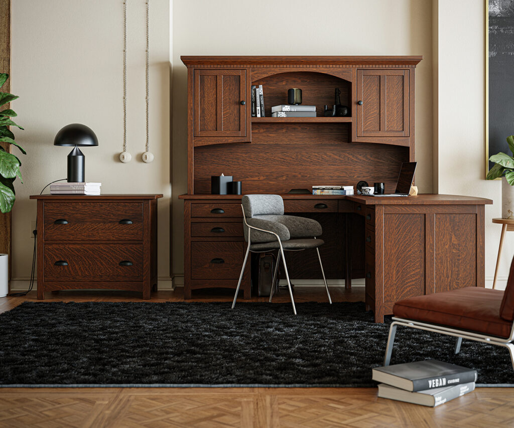 Amish solid wood office furniture with desk hutch, file cabinet, and chair