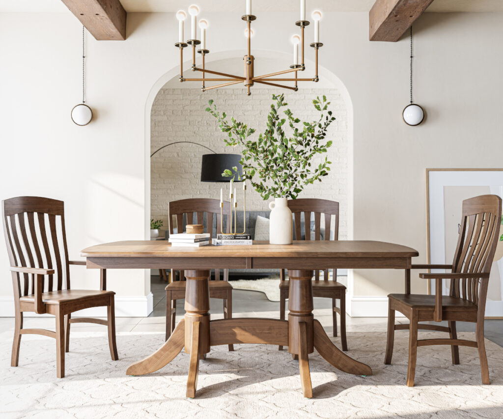 Solid wood dining room furniture with pedestal table and matching chairs.