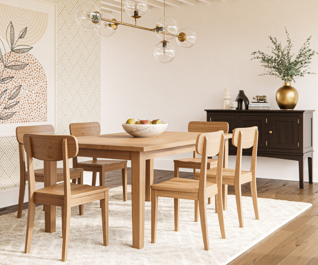 Solid wood dining room furniture with square table, chairs, and sideboard.