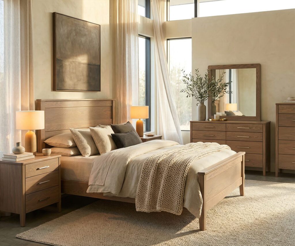 Solid wood bedroom furniture set with panel bed, nightstand, dresser, and mirror.