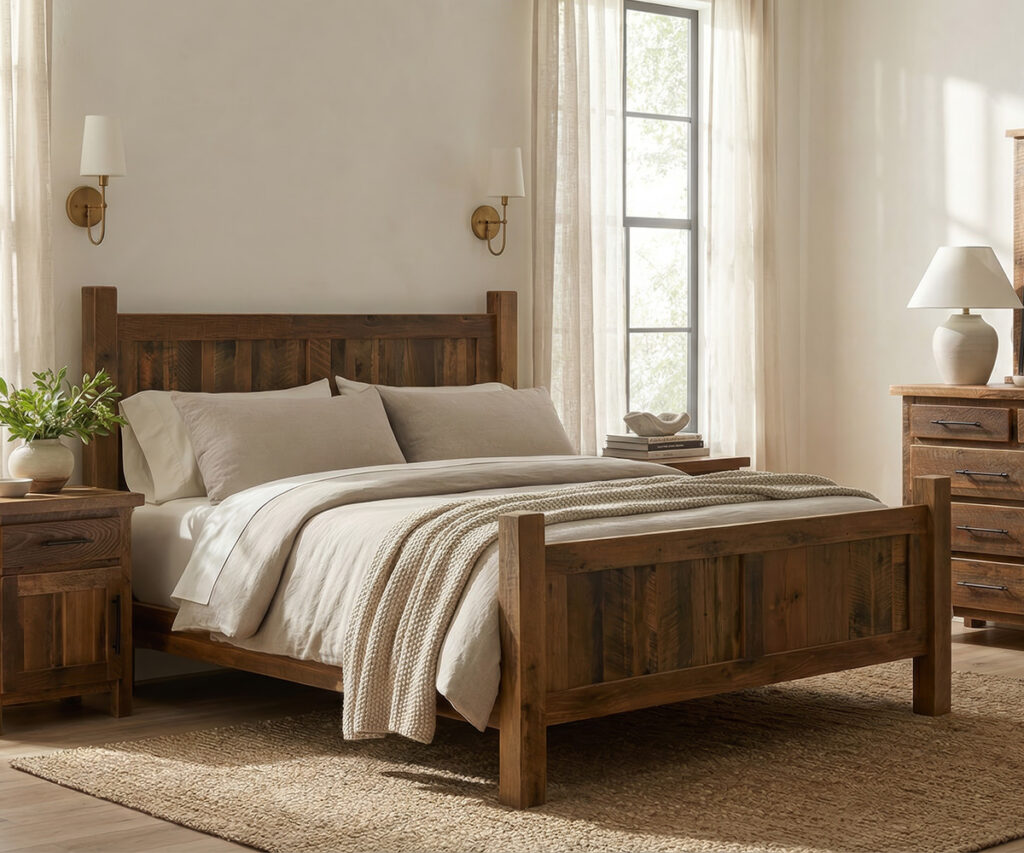 Rustic solid wood bedroom furniture with panel bed, nightstand, and chest.