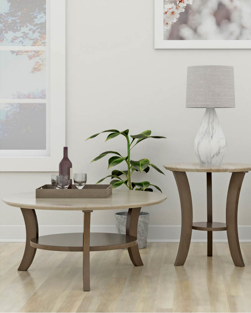Round solid wood living room tables with coffee table and end table.