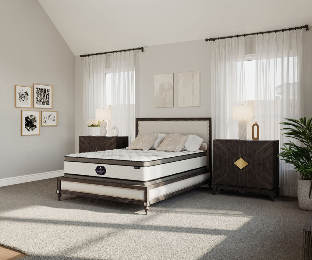 Dark wood bedroom furniture with upholstered panel bed, matching nightstands, and mattress