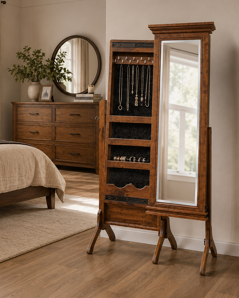 Solid wood cheval jewelry mirror with storage beside bedroom dresser.