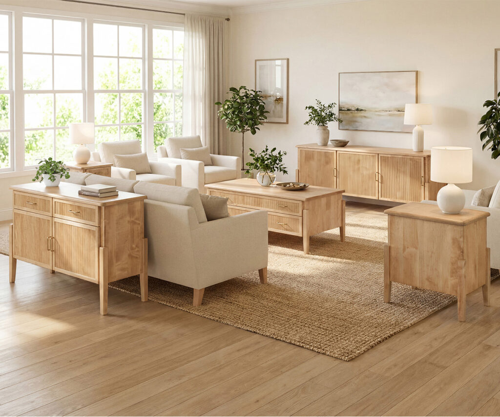 Light wood living room furniture set with coffee table, end tables, and sideboards.