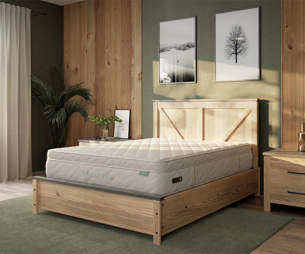 Natural wood platform bedroom furniture with panel bed, mattress, and matching nightstand