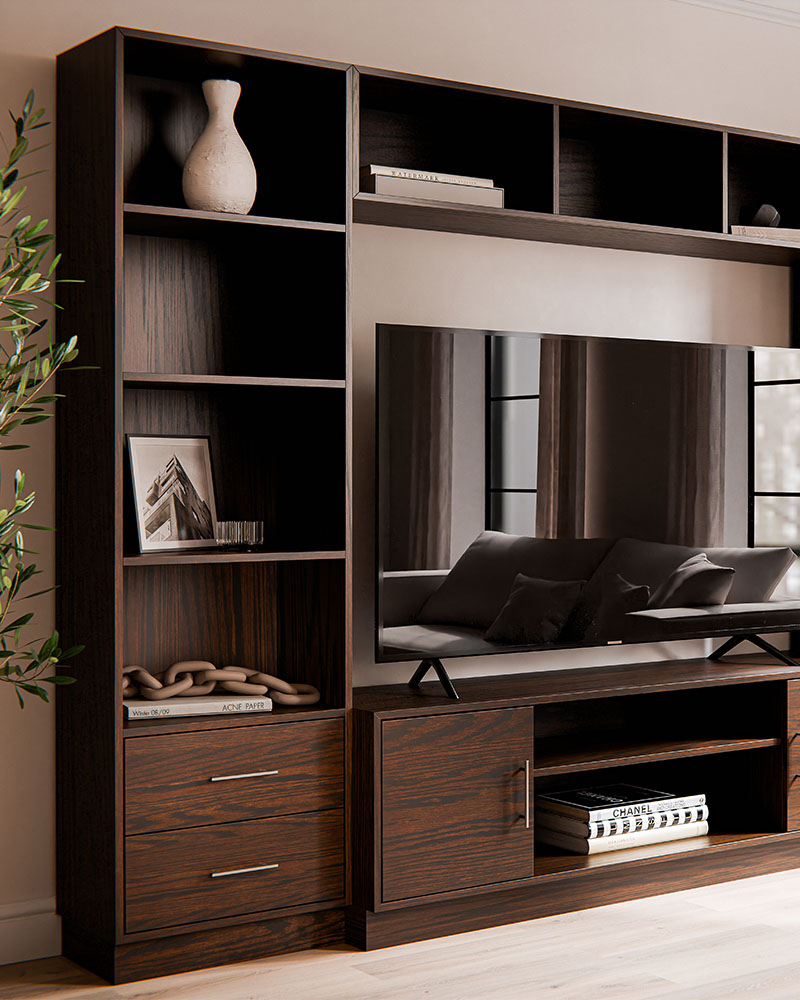 Solid wood living room entertainment center with TV stand, drawers, and open shelving.