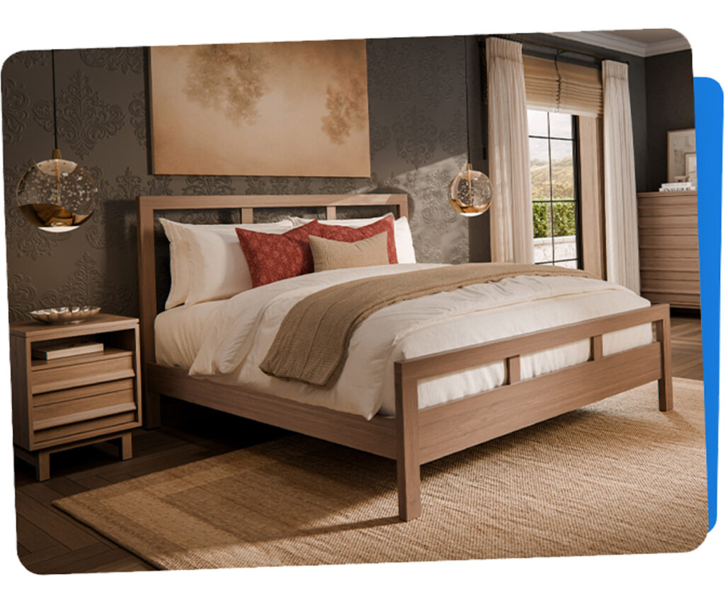 Modern solid wood bedroom furniture with platform bed, nightstand, and dresser.