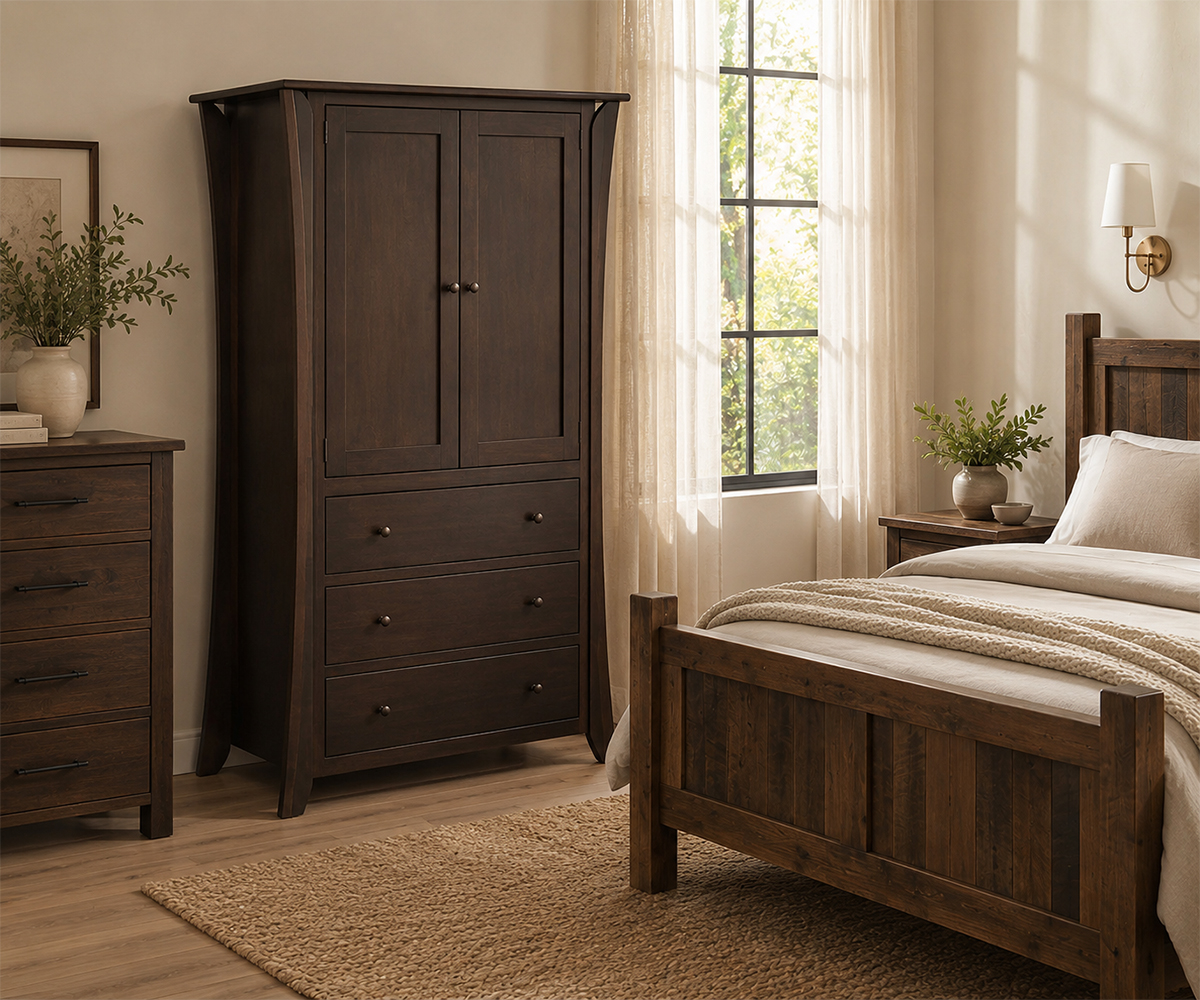 Dark solid wood bedroom furniture with armoire, dresser, bed, and nightstand.
