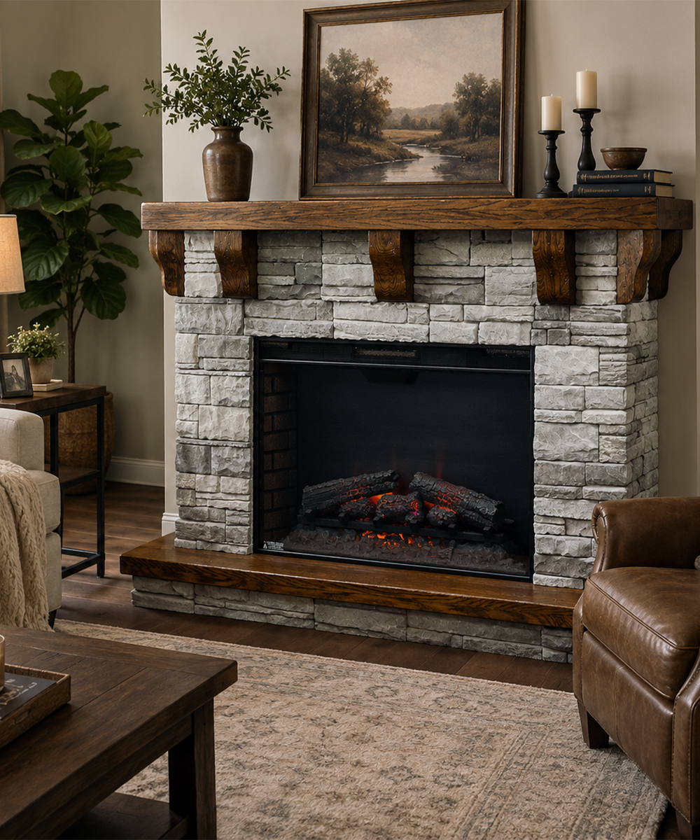 Solid wood fireplace mantel with stone surround in a cozy living room.