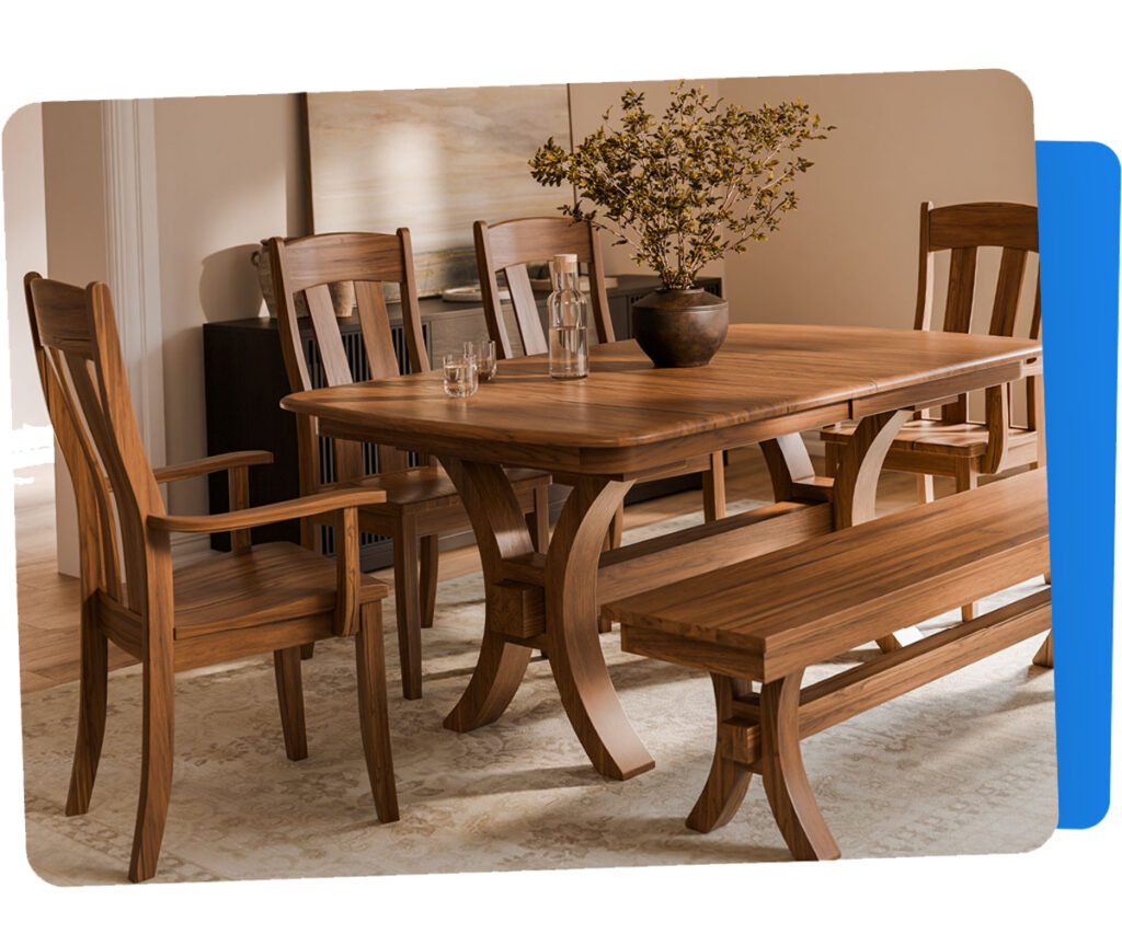 Solid wood dining room furniture with trestle table, chairs, and bench.