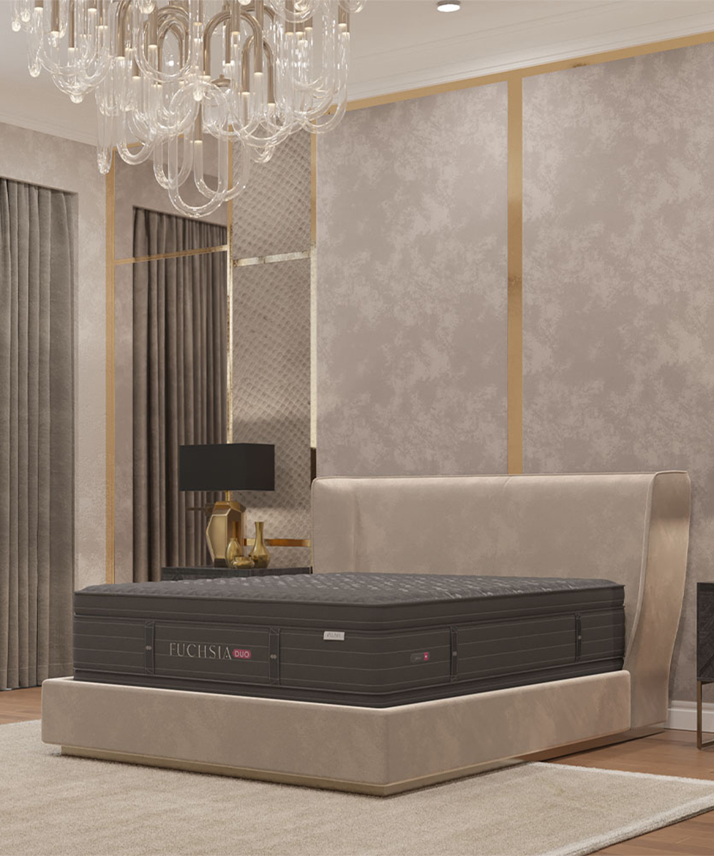 Luxury upholstered bedroom furniture with dark mattress and tall wingback bed frame