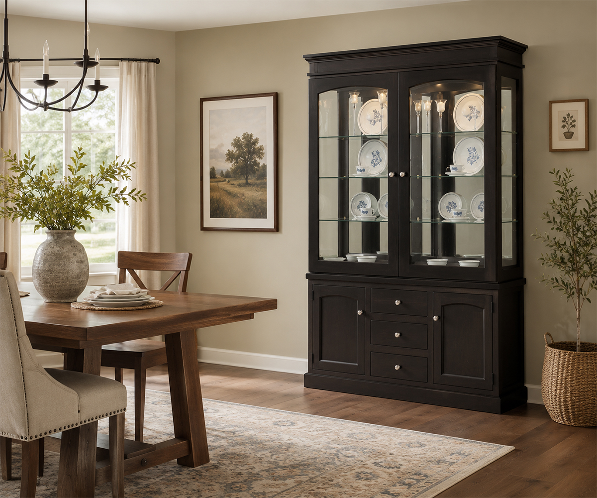 Black solid wood dining hutch furniture with glass doors beside a dining table.