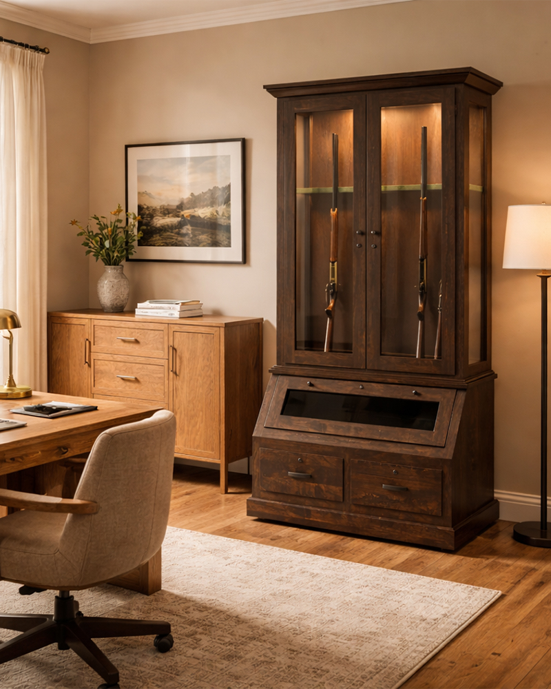 Solid wood home office furniture with desk, storage cabinet, and gun display cabinet