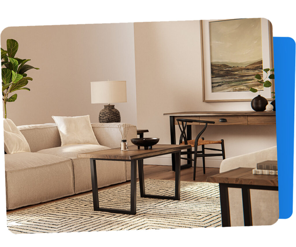 Solid wood living room furniture with coffee table, sofa, and writing desk.