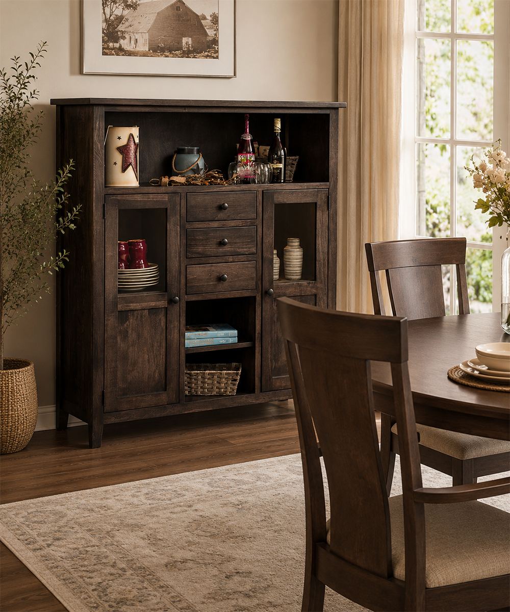 Solid wood dining storage cabinet furniture with drawers and glass doors.
