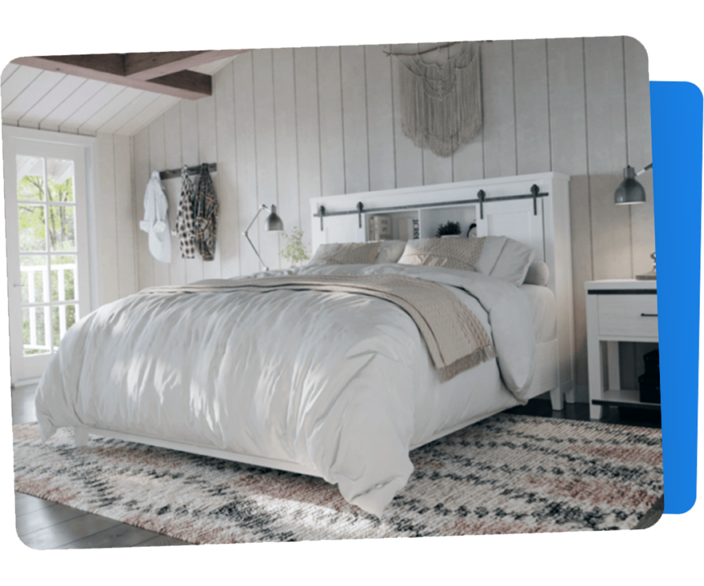 White farmhouse bedroom furniture with storage headboard and matching nightstand