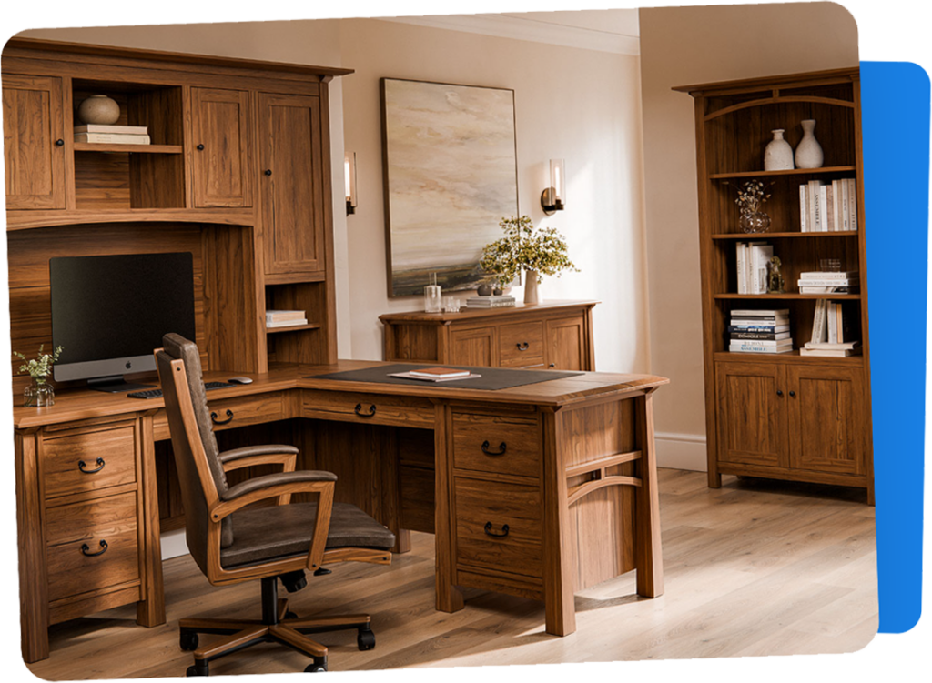 Solid wood home office furniture with desk, hutch, chair, and bookcase