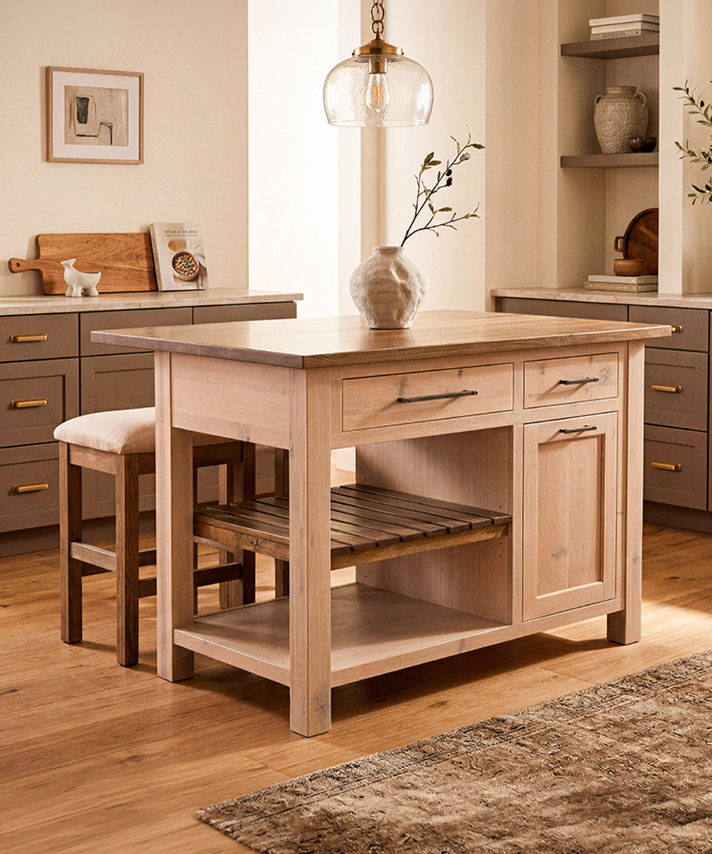 Solid wood kitchen island furniture with drawers, cabinet storage, and bar stool.