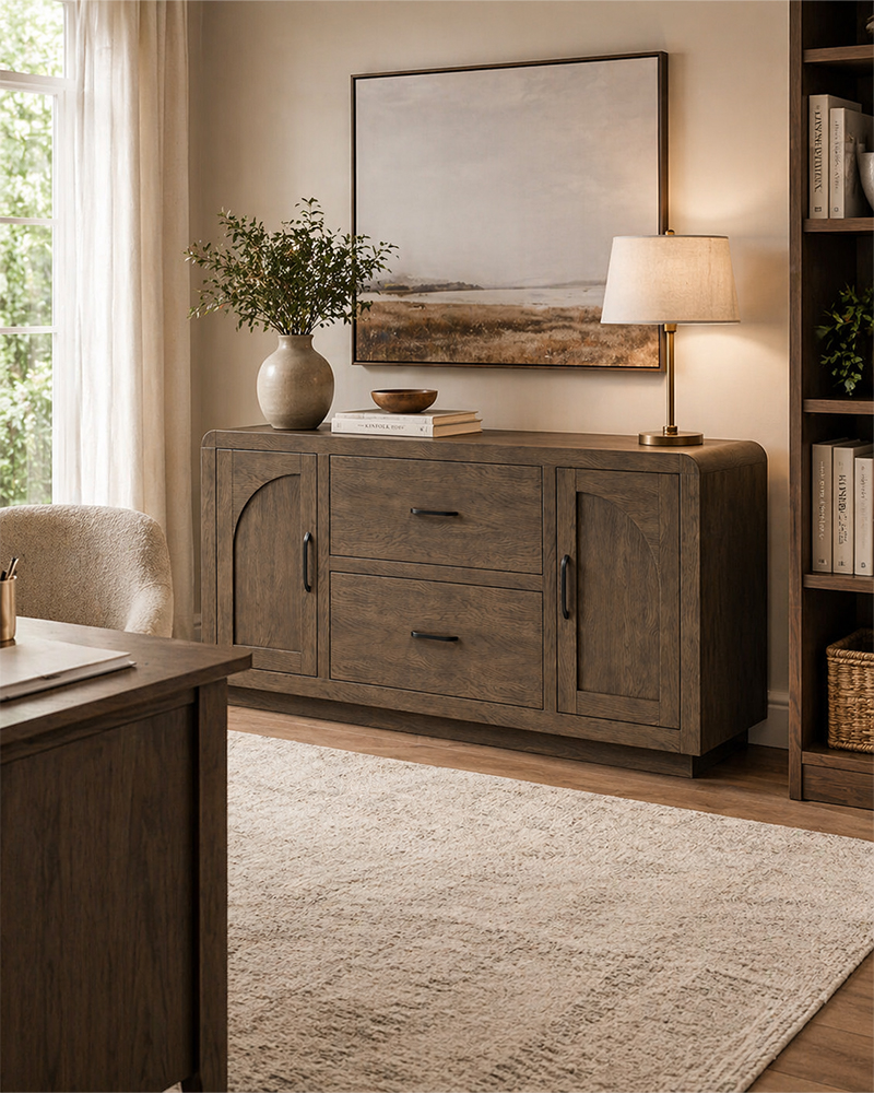 Solid wood office storage cabinet with drawers and doors in warm home office