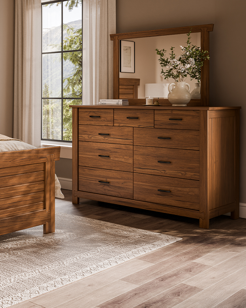 Solid wood Amish dresser in a coordinated bedroom setting